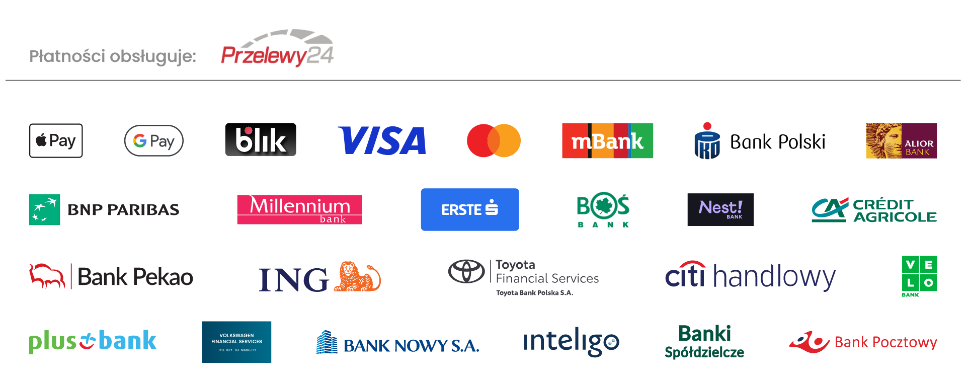 Płatności obsługuje Przelewy24: Apple Pay, Google Pay, BLIK, Visa, Mastercard i przelewy bankowe